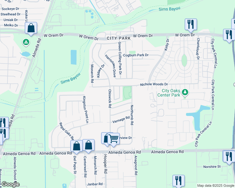 map of restaurants, bars, coffee shops, grocery stores, and more near 12815 Boris Cove Trail in Houston