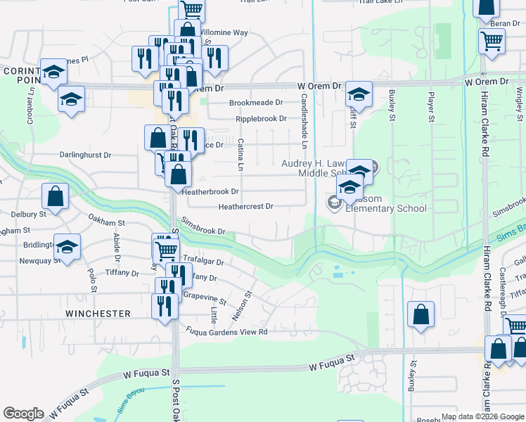 map of restaurants, bars, coffee shops, grocery stores, and more near 5223 Heathercrest Drive in Houston