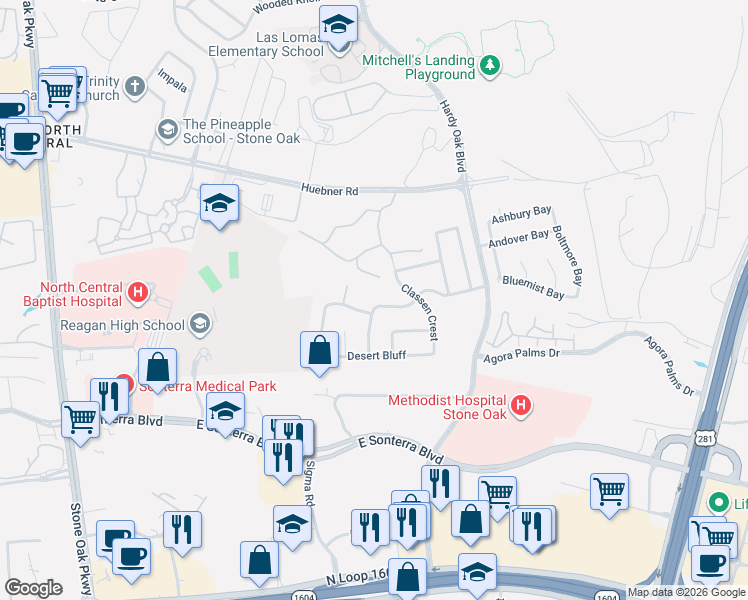 map of restaurants, bars, coffee shops, grocery stores, and more near 19235 Brannan Bluff in San Antonio