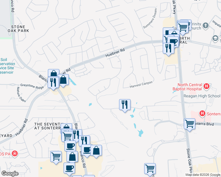 map of restaurants, bars, coffee shops, grocery stores, and more near 19134 Kristen Way in San Antonio