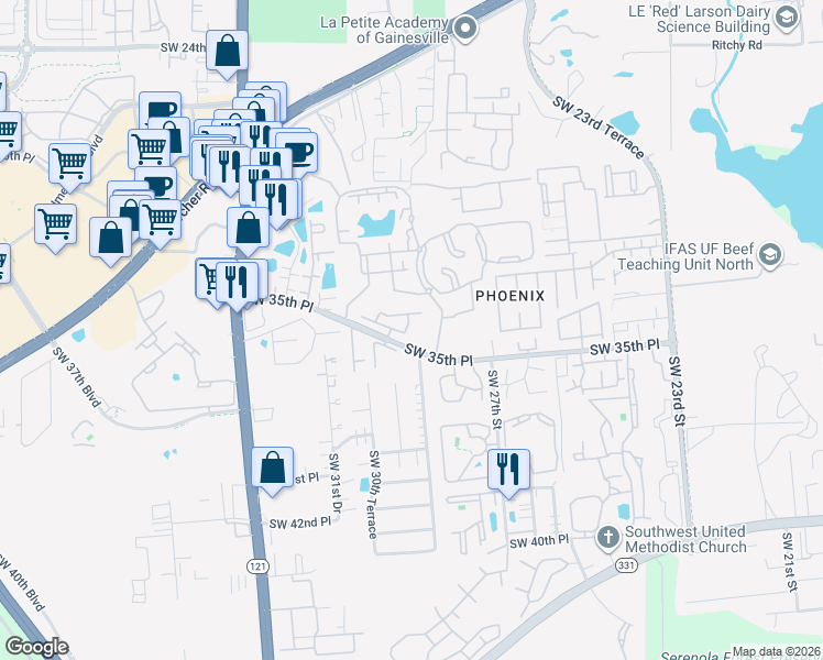 map of restaurants, bars, coffee shops, grocery stores, and more near 102 Northwest 35th Street in Gainesville