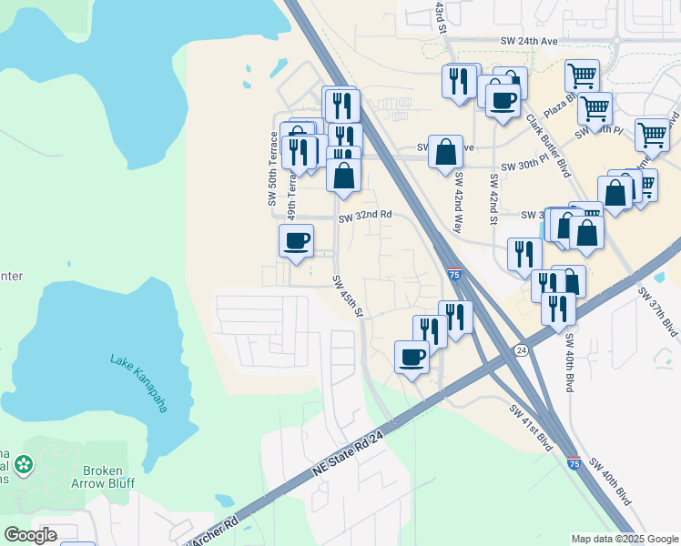 map of restaurants, bars, coffee shops, grocery stores, and more near 3483 Southwest 45th Street in Gainesville