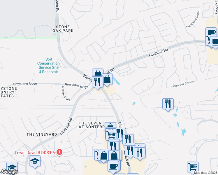 map of restaurants, bars, coffee shops, grocery stores, and more near 19178 Blanco Road in San Antonio