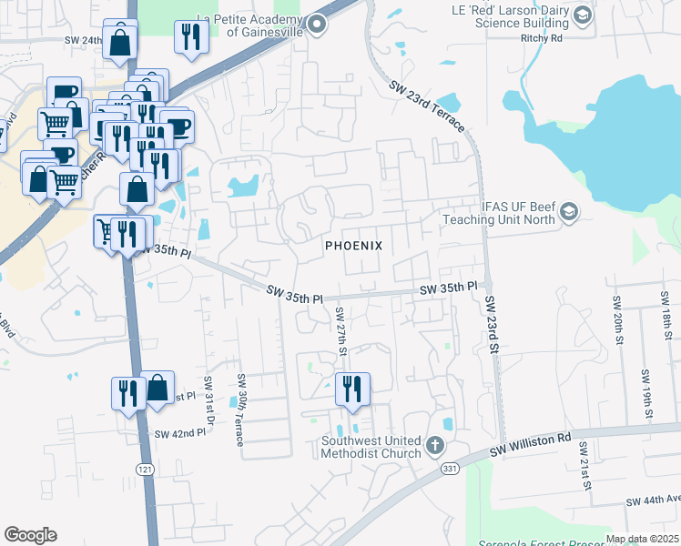 map of restaurants, bars, coffee shops, grocery stores, and more near 2631 Southwest 33 Place in Gainesville