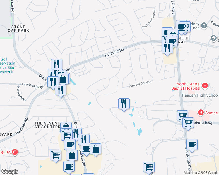 map of restaurants, bars, coffee shops, grocery stores, and more near 19134 Kristen Way in San Antonio