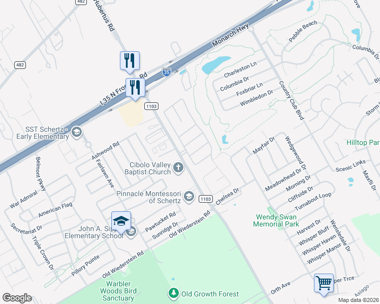 map of restaurants, bars, coffee shops, grocery stores, and more near 3108 Christians Tee in Schertz