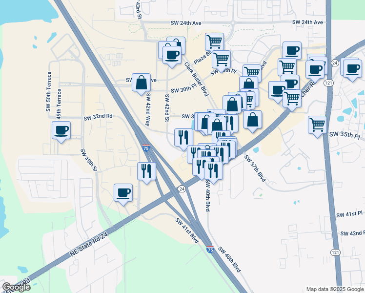 map of restaurants, bars, coffee shops, grocery stores, and more near 3700 Southwest 42nd Street in Gainesville