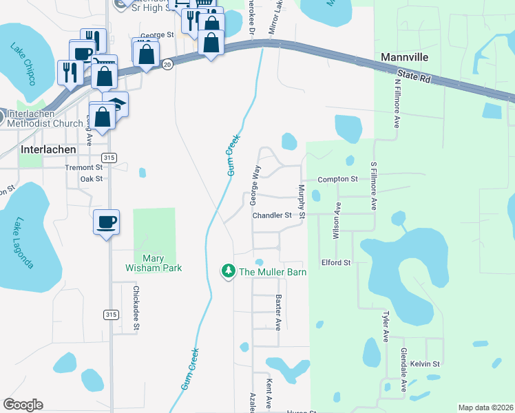 map of restaurants, bars, coffee shops, grocery stores, and more near 102 Chandler Street in Interlachen