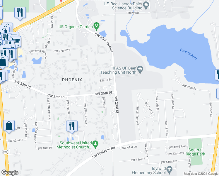 map of restaurants, bars, coffee shops, grocery stores, and more near 2321 Southwest 34 Place in Gainesville
