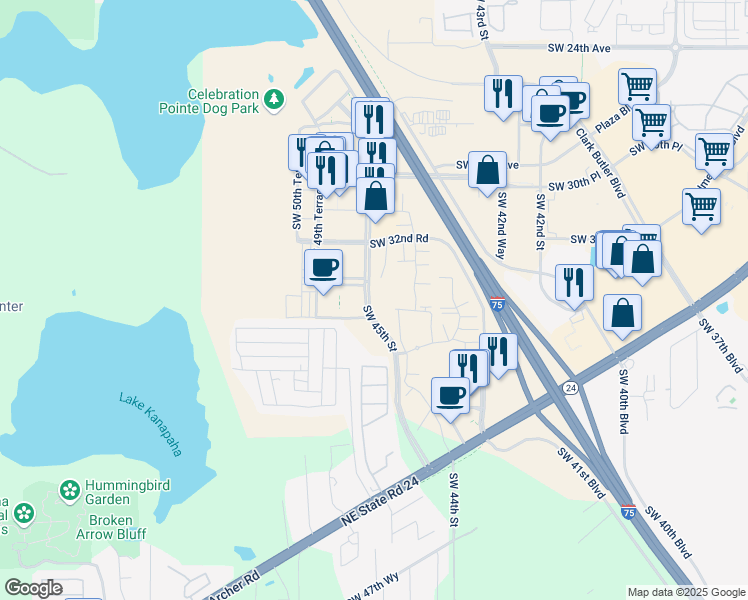 map of restaurants, bars, coffee shops, grocery stores, and more near Southwest 45 Street in Gainesville