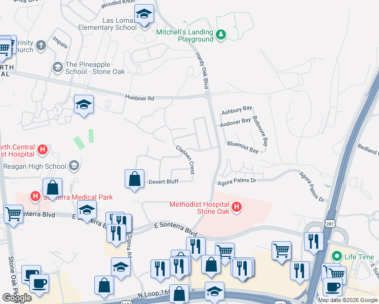 map of restaurants, bars, coffee shops, grocery stores, and more near 1016 Steubing Oaks in San Antonio