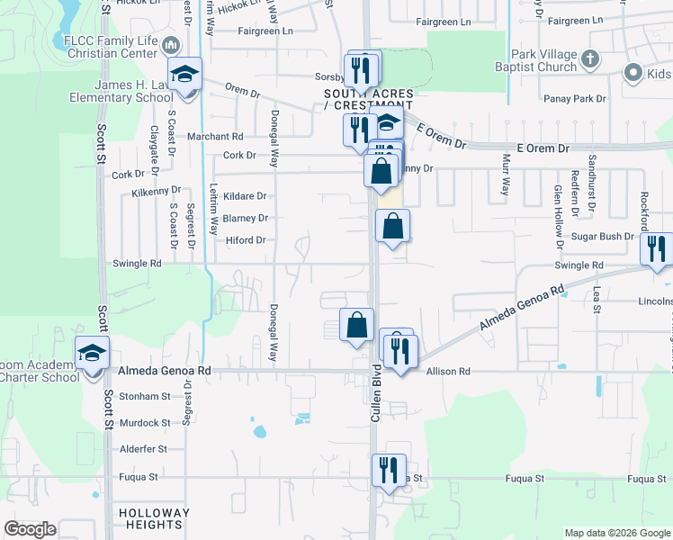 map of restaurants, bars, coffee shops, grocery stores, and more near 13018 Cullen Boulevard in Houston