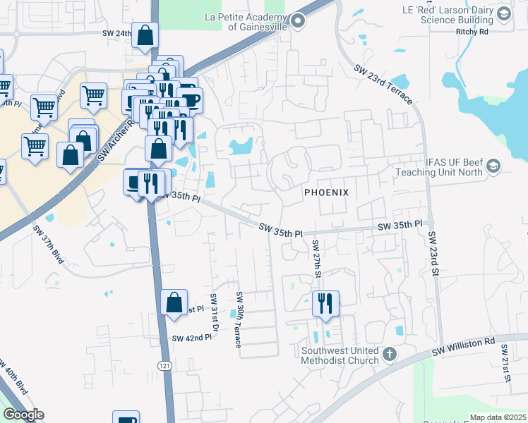 map of restaurants, bars, coffee shops, grocery stores, and more near 2938 Southwest 35th Place in Gainesville
