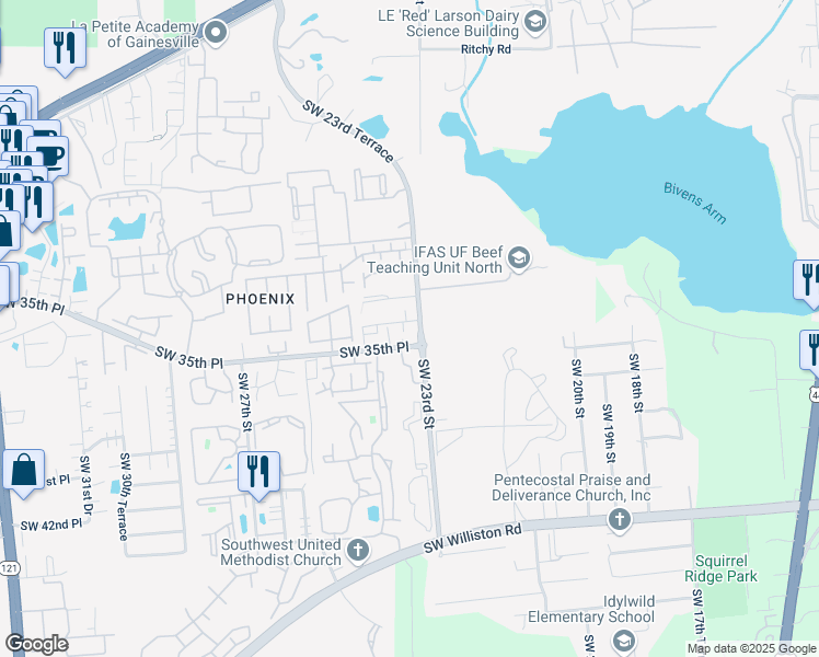 map of restaurants, bars, coffee shops, grocery stores, and more near 2305 Southwest 34 Place in Gainesville