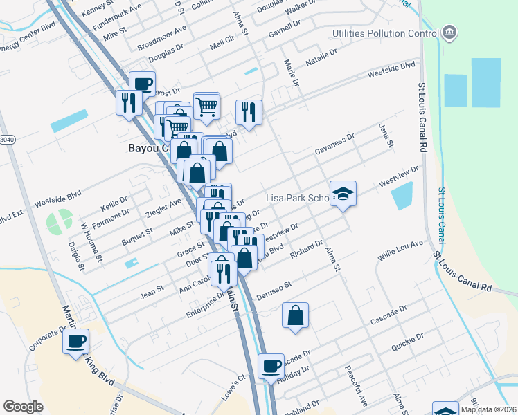 map of restaurants, bars, coffee shops, grocery stores, and more near 113 Harding Drive in Houma