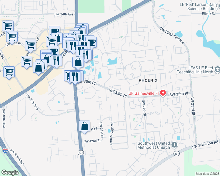map of restaurants, bars, coffee shops, grocery stores, and more near 3521 Southwest 30th Way in Gainesville
