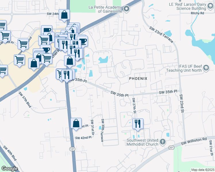 map of restaurants, bars, coffee shops, grocery stores, and more near 102 Northwest 35th Street in Gainesville