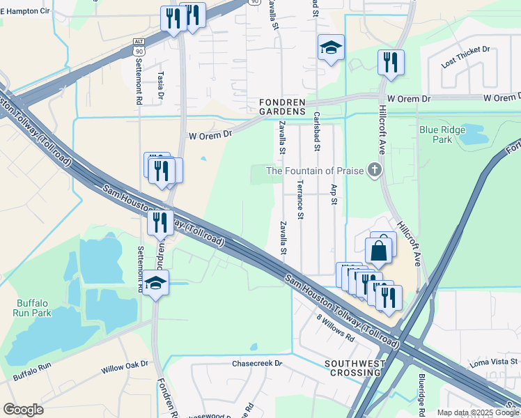 map of restaurants, bars, coffee shops, grocery stores, and more near 12726 Zavalla Street in Houston