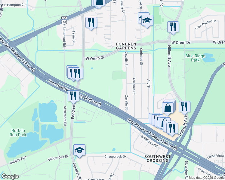 map of restaurants, bars, coffee shops, grocery stores, and more near 7950 South Sam Houston Parkway West in Houston