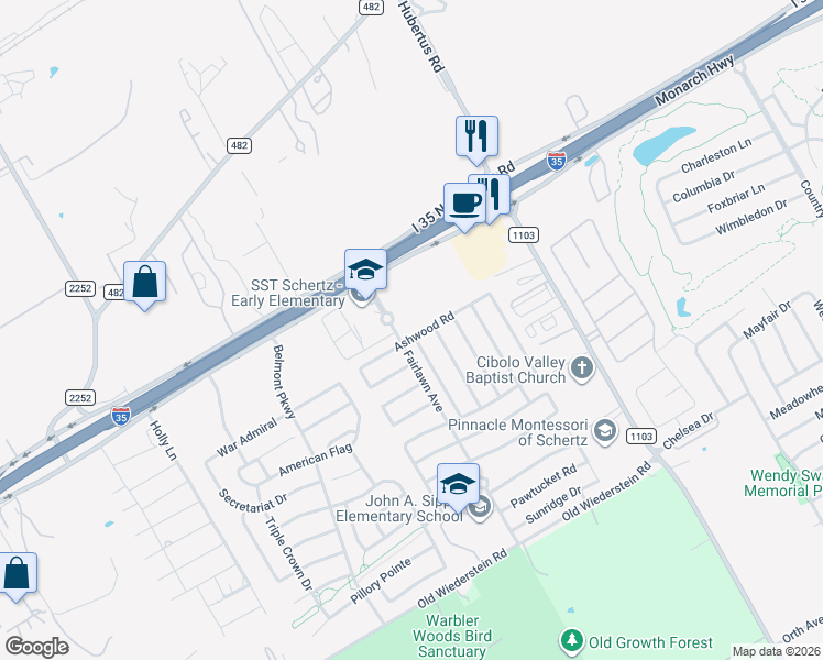 map of restaurants, bars, coffee shops, grocery stores, and more near 768 Eagles Glen in Schertz