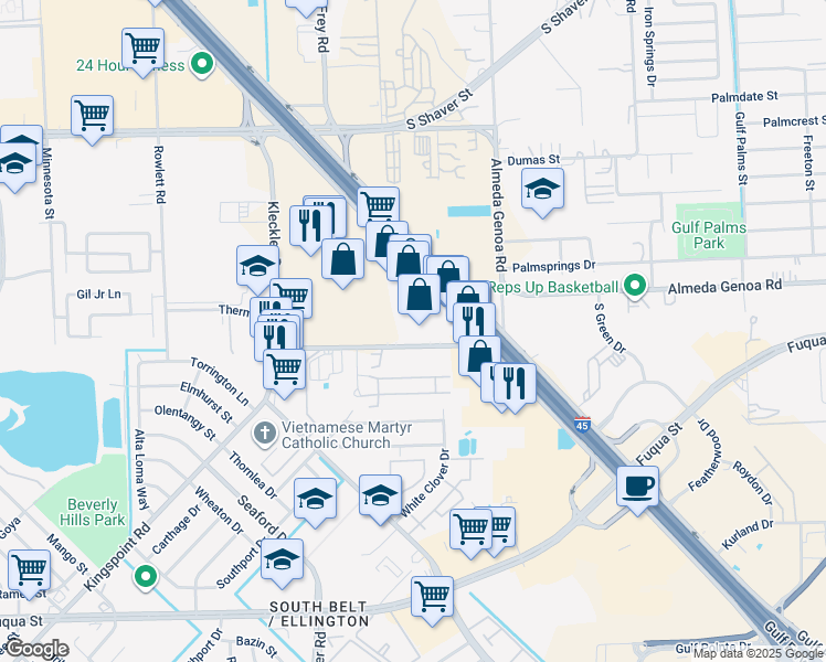map of restaurants, bars, coffee shops, grocery stores, and more near 11065-11097 Kingspoint Road in Houston