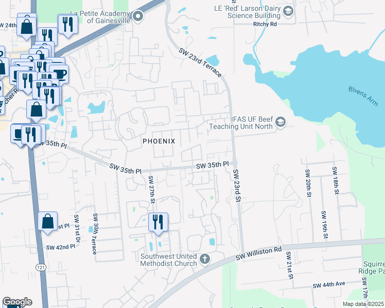 map of restaurants, bars, coffee shops, grocery stores, and more near 2508 Southwest 35th Place in Gainesville
