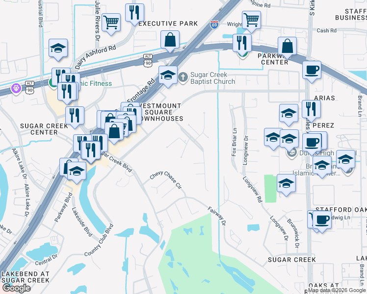 map of restaurants, bars, coffee shops, grocery stores, and more near 16 Charleston South in Sugar Land