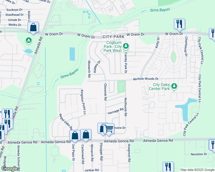 map of restaurants, bars, coffee shops, grocery stores, and more near 12736 Chiswick Road in Houston