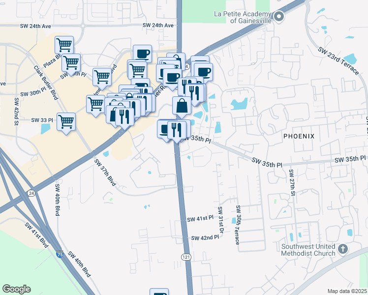 map of restaurants, bars, coffee shops, grocery stores, and more near in Gainesville