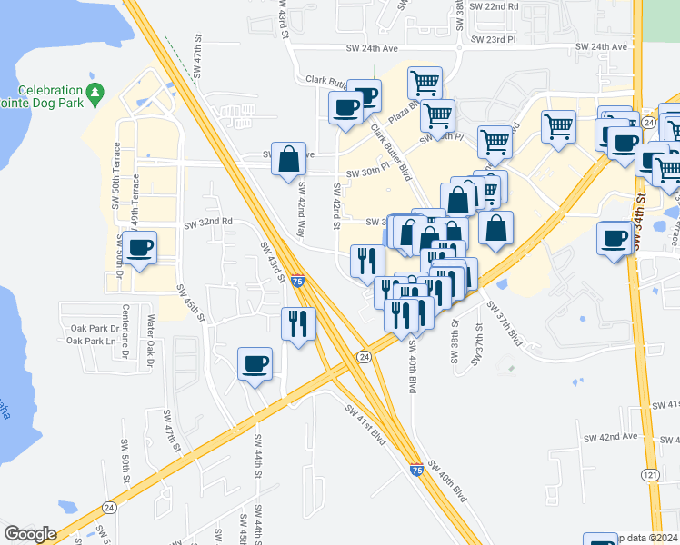 map of restaurants, bars, coffee shops, grocery stores, and more near 3600 Southwest 42 Street in Gainesville