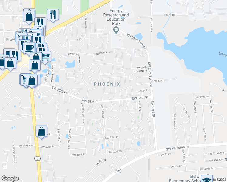 map of restaurants, bars, coffee shops, grocery stores, and more near 2605 Southwest 33 Place in Gainesville