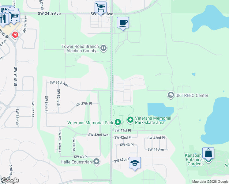 map of restaurants, bars, coffee shops, grocery stores, and more near 3676 Southwest 74th Drive in Gainesville