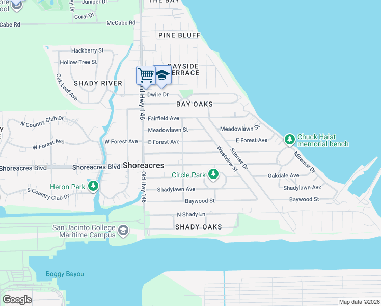 map of restaurants, bars, coffee shops, grocery stores, and more near 538 Shore Acres Boulevard in Harris County