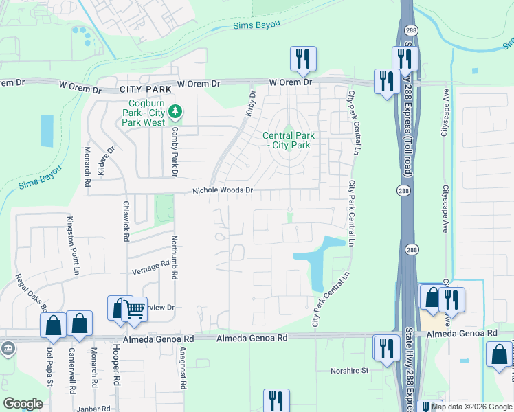 map of restaurants, bars, coffee shops, grocery stores, and more near 12108 City Trek Lane in Houston