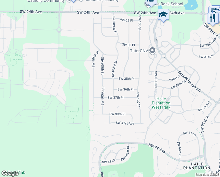 map of restaurants, bars, coffee shops, grocery stores, and more near 3620 Southwest 103rd Street in Gainesville