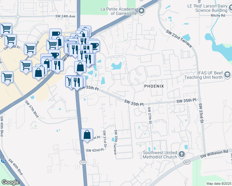 map of restaurants, bars, coffee shops, grocery stores, and more near 3521 Southwest 30th Way in Gainesville