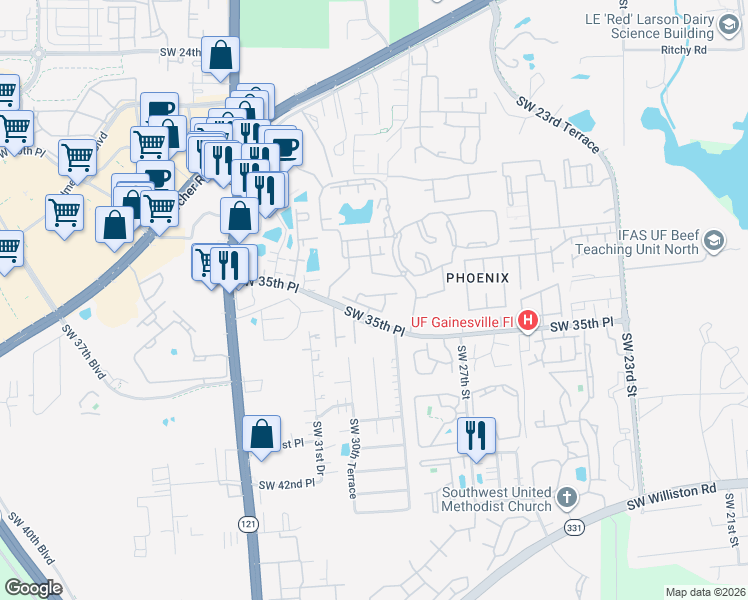 map of restaurants, bars, coffee shops, grocery stores, and more near 102 Northwest 35th Street in Gainesville