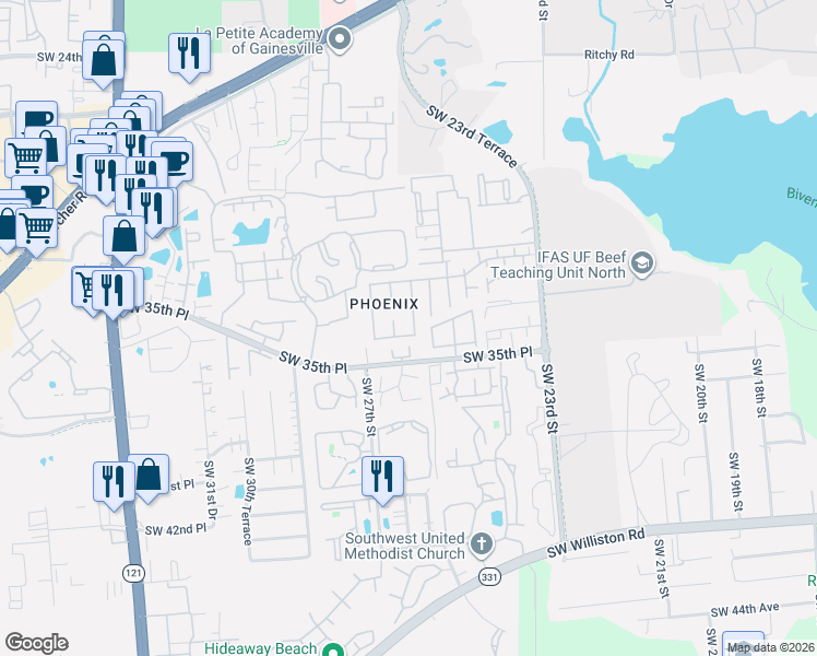 map of restaurants, bars, coffee shops, grocery stores, and more near 3304 Southwest 26th Terrace in Gainesville