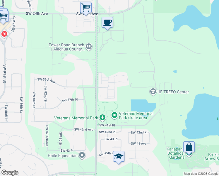 map of restaurants, bars, coffee shops, grocery stores, and more near 3695 Southwest 73rd Way in Gainesville