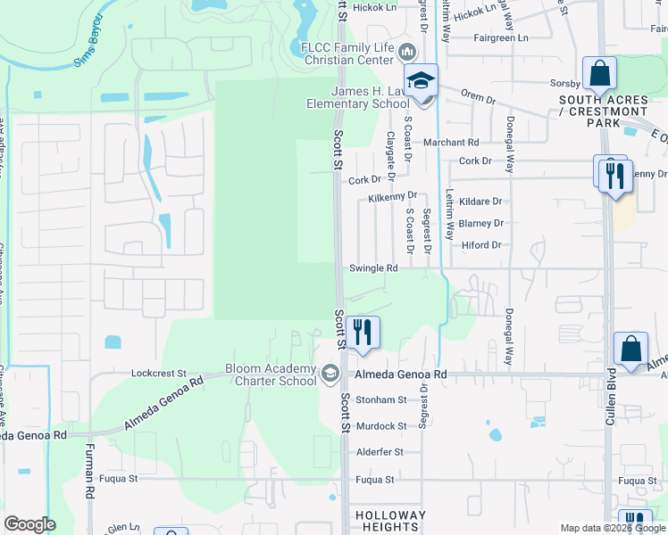 map of restaurants, bars, coffee shops, grocery stores, and more near Swingle Road in Houston