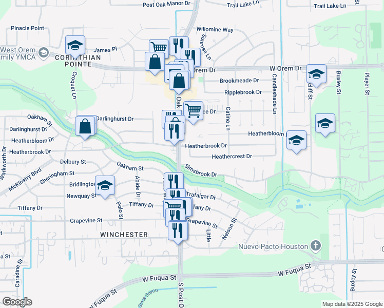 map of restaurants, bars, coffee shops, grocery stores, and more near 14217 South Post Oak Road in Houston