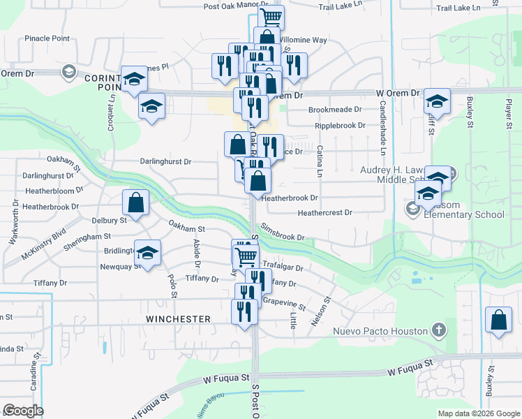 map of restaurants, bars, coffee shops, grocery stores, and more near 14217 South Post Oak Road in Houston