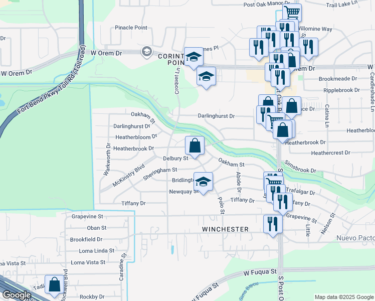 map of restaurants, bars, coffee shops, grocery stores, and more near 6011 Delbury Street in Houston
