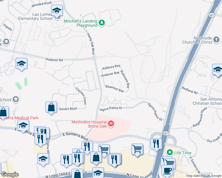 map of restaurants, bars, coffee shops, grocery stores, and more near 1214 Bluemist Bay in San Antonio