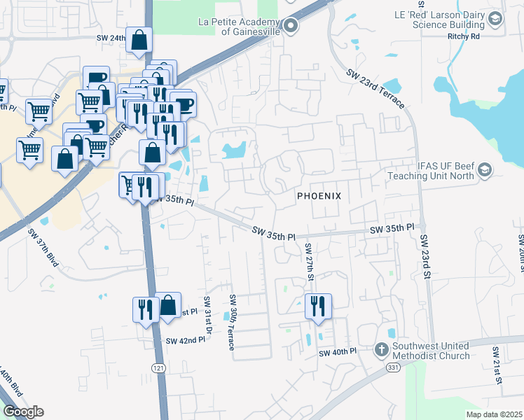 map of restaurants, bars, coffee shops, grocery stores, and more near 2600 Southwest 35th Place in Gainesville