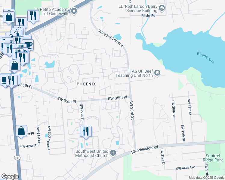 map of restaurants, bars, coffee shops, grocery stores, and more near 2508 Southwest 35th Place in Gainesville