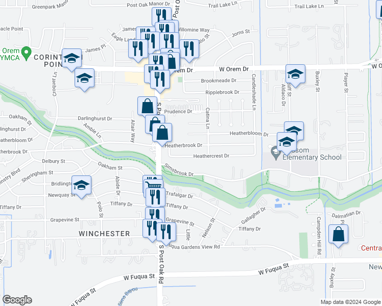 map of restaurants, bars, coffee shops, grocery stores, and more near 5326 Heathercrest Drive in Houston