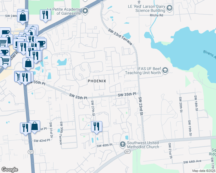 map of restaurants, bars, coffee shops, grocery stores, and more near 2508 Southwest 35th Place in Gainesville