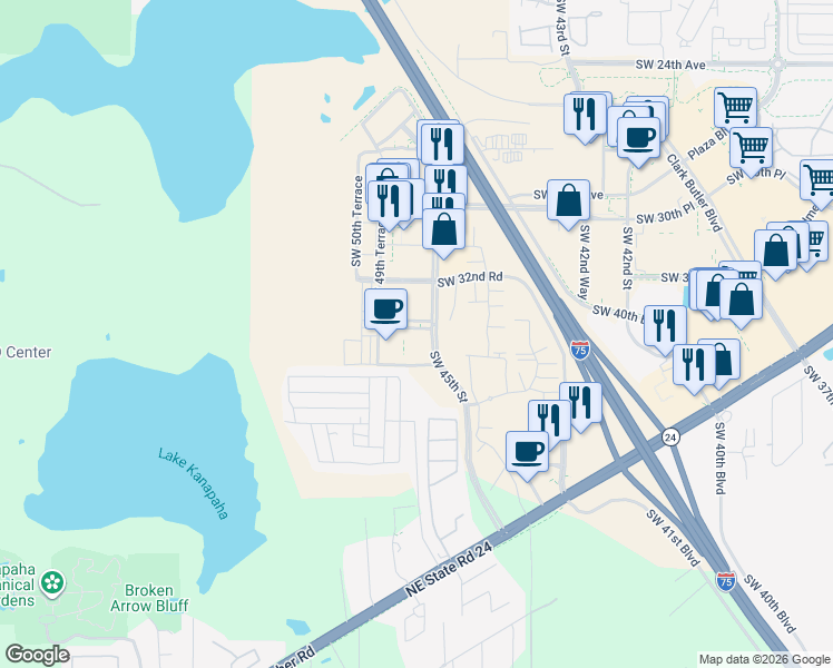 map of restaurants, bars, coffee shops, grocery stores, and more near 4803 Southwest 34th Place in Gainesville