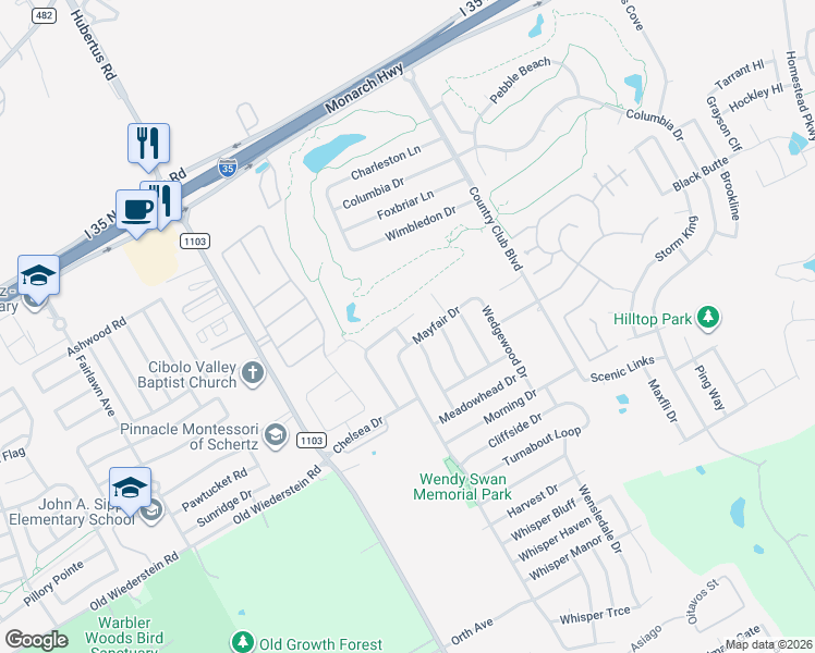 map of restaurants, bars, coffee shops, grocery stores, and more near 3309 Mayfair Drive in Schertz